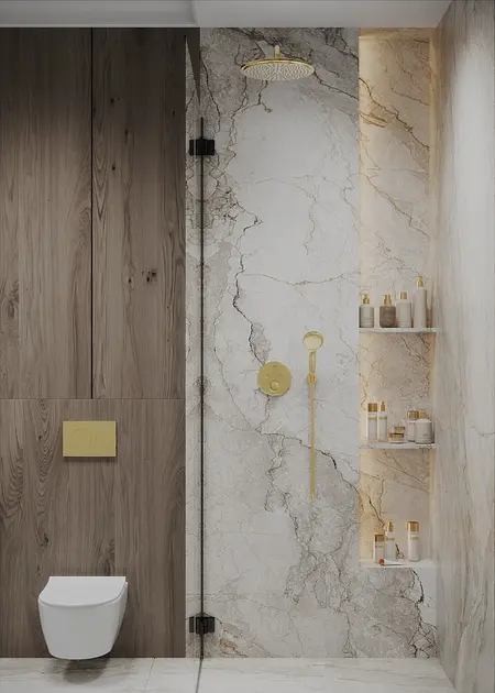 Nowoczesna łazienka z drewnem i marmurem, styl quiet luxury.