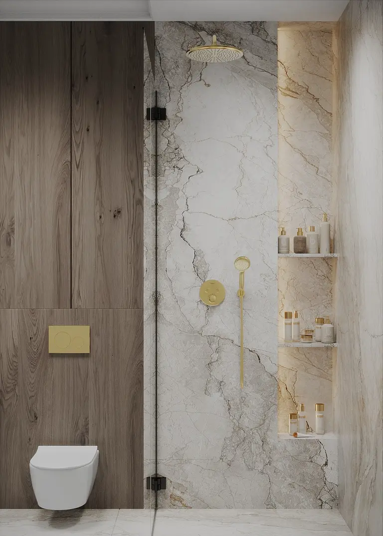 Nowoczesna łazienka z drewnem i marmurem, styl quiet luxury.