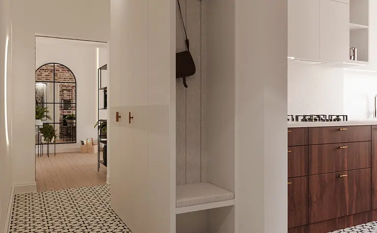 Nowoczesny korytarz z eklektycznymi akcentami i quiet luxury.