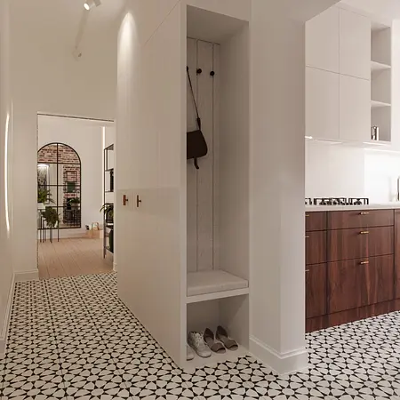 Nowoczesny korytarz z eklektycznymi akcentami i quiet luxury.
