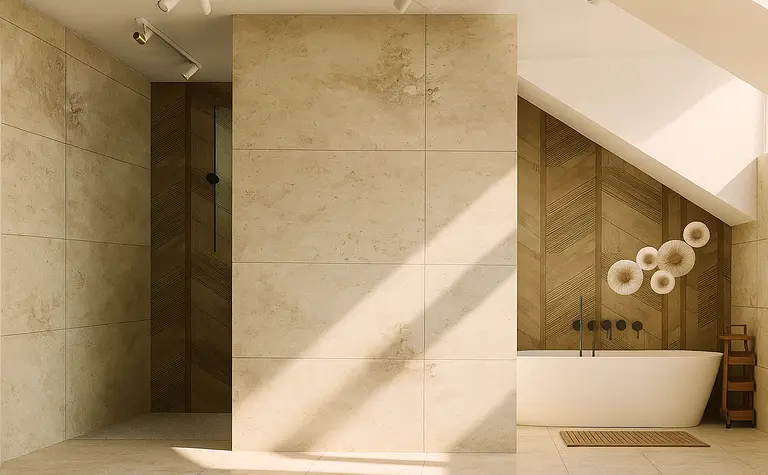 Wnętrze łazienki z jasnymi płytkami i drewnianymi detalami, styl dopamine decor, minimalistyczny, nowoczesny.