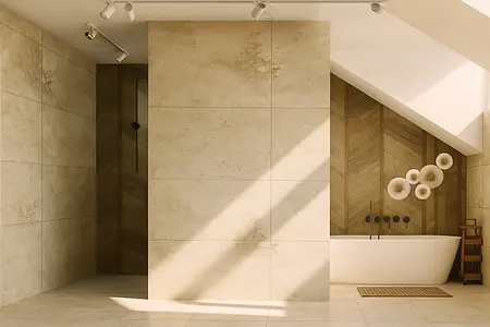 Wnętrze łazienki z jasnymi płytkami i drewnianymi detalami, styl dopamine decor, minimalistyczny, nowoczesny.