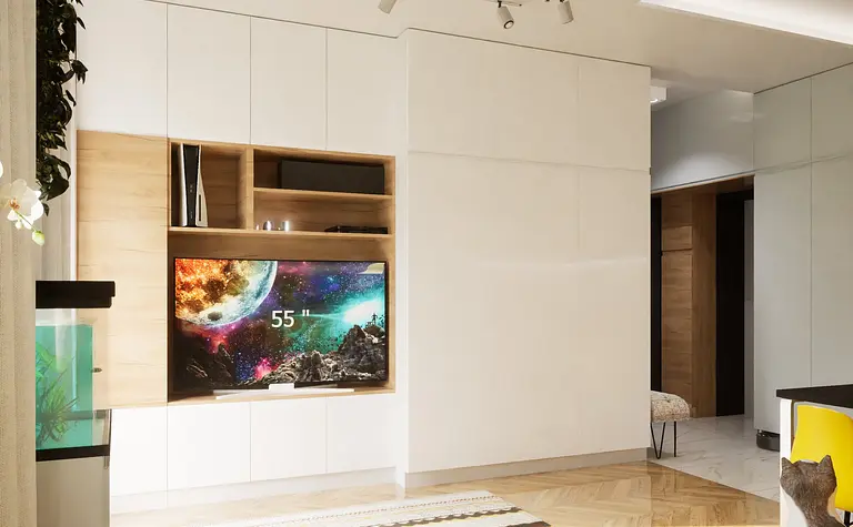 Wnętrze salonu w stylu eklektycznym, skandynawskim i tradycyjnym z telewizorem.