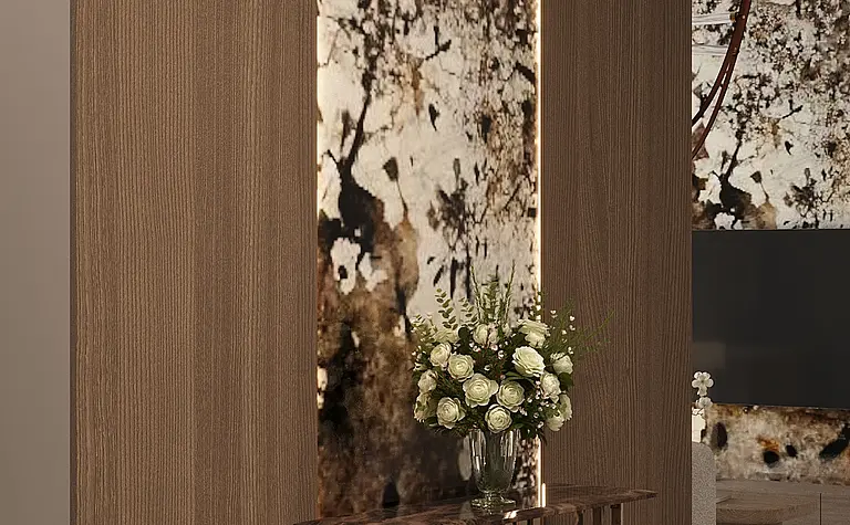Wnętrze przedpokoju w stylu art deco, minimalistycznym, nowoczesnym, quiet luxury, współczesnym z brązowymi akcentami.