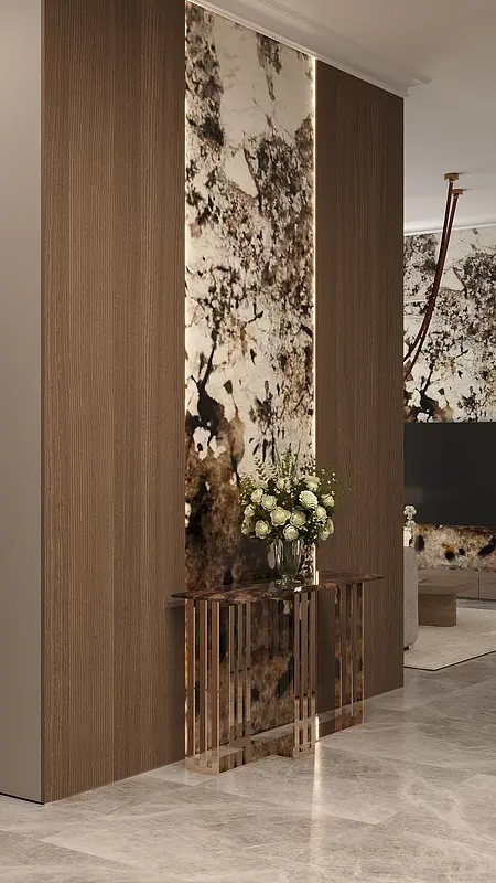 Wnętrze przedpokoju w stylu art deco, minimalistycznym, nowoczesnym, quiet luxury, współczesnym z brązowymi akcentami.