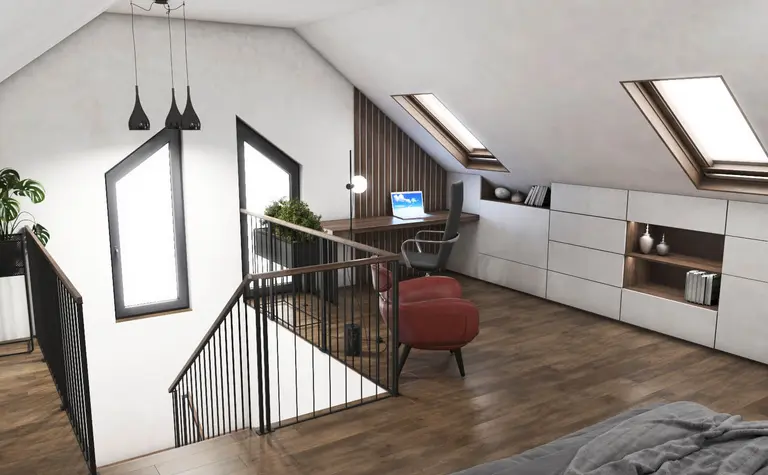 Poddasze w stylu industrialnym i minimalistycznym z biurkiem, czerwonym fotelem i roślinnością.