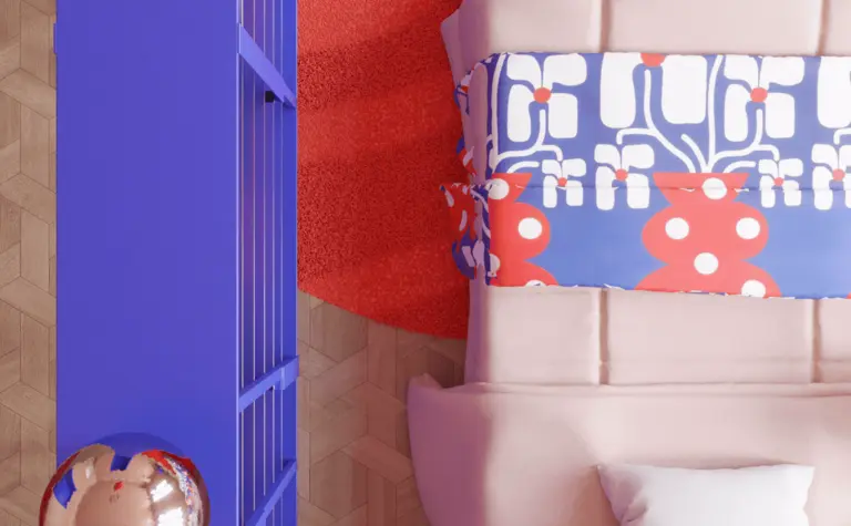 Wnętrze pokoju z niebieskimi elementami i kolorowymi poduszkami w stylu dopamine decor.