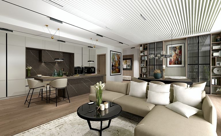 Salon z beżową sofą, białymi meblami i nowoczesnym oświetleniem w stylu tradycyjnym i współczesnym.