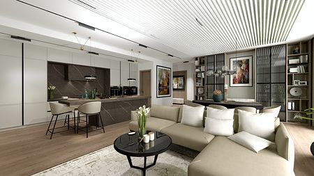 Salon z beżową sofą, białymi meblami i nowoczesnym oświetleniem w stylu tradycyjnym i współczesnym.