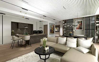 Salon z beżową sofą, białymi meblami i nowoczesnym oświetleniem w stylu tradycyjnym i współczesnym.