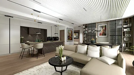 Salon z beżową sofą, białymi meblami i nowoczesnym oświetleniem w stylu tradycyjnym i współczesnym.