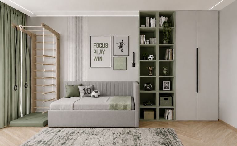 Pokój dziecięcy w stylu minimalistycznym i nowoczesnym z zielonymi elementami