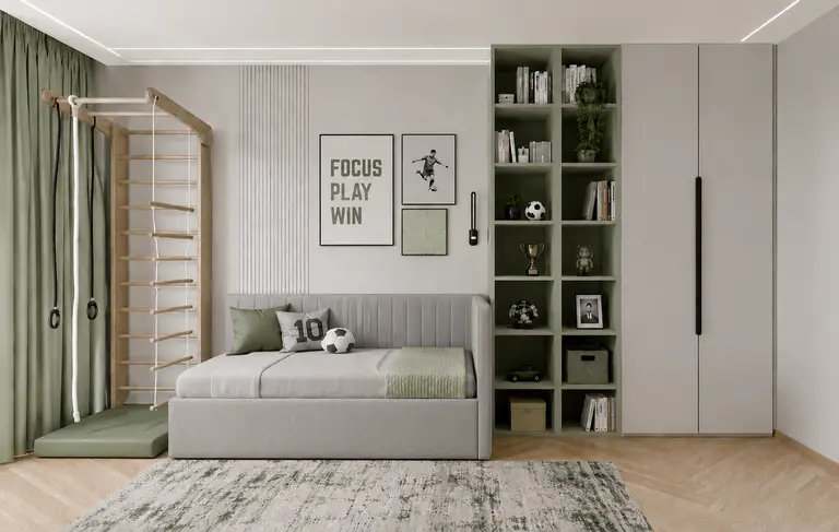Pokój dziecięcy w stylu minimalistycznym i nowoczesnym z zielonymi elementami