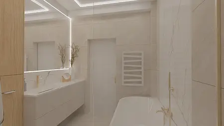 Wnętrze łazienki z nowoczesnym wyposażeniem, glamour i quiet luxury.