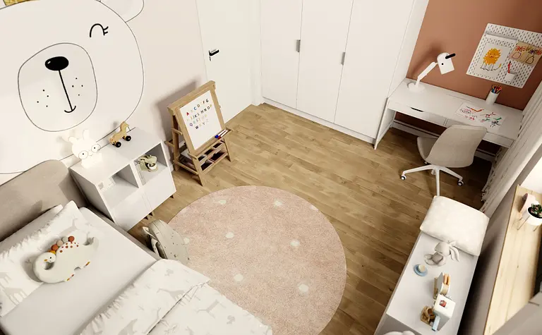 Pokój dziecięcy z białymi meblami, drewnianą podłogą i dekoracjami w stylu skandynawskim
