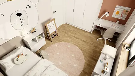 Pokój dziecięcy z białymi meblami, drewnianą podłogą i dekoracjami w stylu skandynawskim