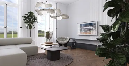 Wnętrze salonu w stylu minimalistycznym z szarym siedziskiem, roślinami i dużymi oknami.