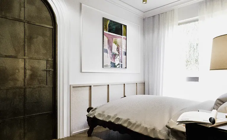 Wnętrze sypialni z elementami art deco i minimalistycznymi meblami.