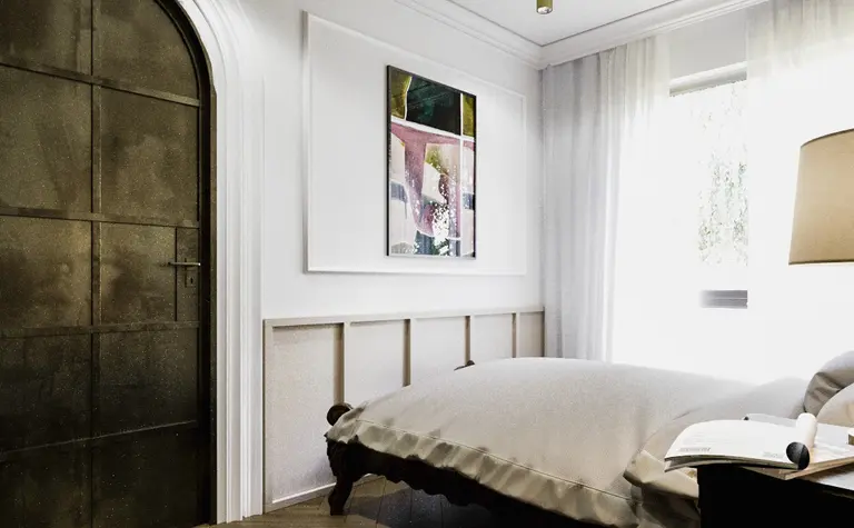Wnętrze sypialni z elementami art deco i minimalistycznymi meblami.