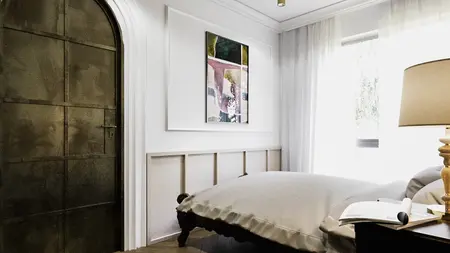 Wnętrze sypialni z elementami art deco i minimalistycznymi meblami.