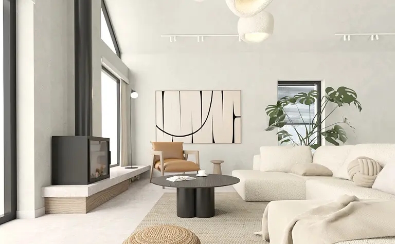 Wnętrze salonu w stylu japandi, minimalistycznym z beżową sofą i roślinami.