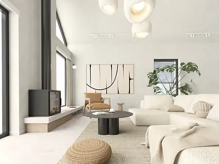 Wnętrze salonu w stylu japandi, minimalistycznym z beżową sofą i roślinami.