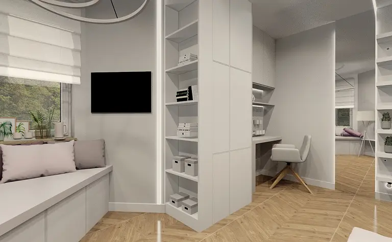 Garderoba w stylu boho i minimalistycznym, z białymi meblami i drewnianą podłogą.