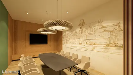 Sala konferencyjna z drewnianymi elementami, dużym stołem i nowoczesnym oświetleniem.