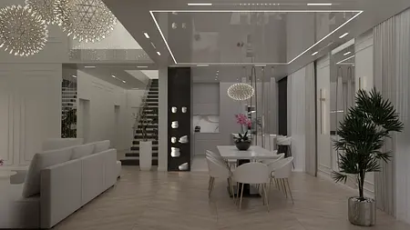 Nowoczesne wnętrze salonu z białymi meblami, drewnianą podłogą i lampami w stylu glamour.