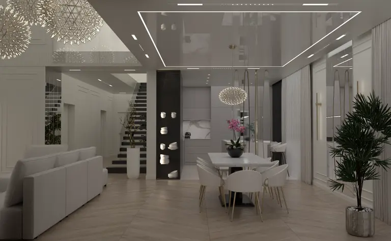 Nowoczesne wnętrze salonu z białymi meblami, drewnianą podłogą i lampami w stylu glamour.