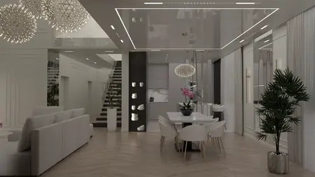 Nowoczesne wnętrze salonu z białymi meblami, drewnianą podłogą i lampami w stylu glamour.
