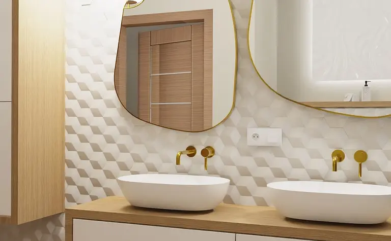 Łazienka w stylu boho, minimalistycznym i tradycyjnym z białymi umywalkami.