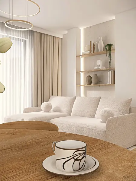 Nowoczesny salon boho z jasnymi meblami, drewnianym stołem i roślinami.