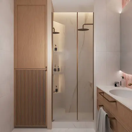 Nowoczesna łazienka w stylu art deco, glamour i minimalistycznym z drewnianymi elementami.