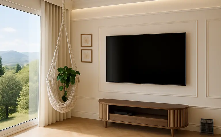 Wnętrze salonu z wiszącą rośliną, telewizorem i jasnymi zasłonami. Styl boho, skandynawski.