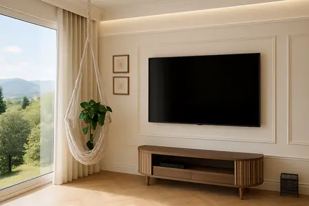 Wnętrze salonu z wiszącą rośliną, telewizorem i jasnymi zasłonami. Styl boho, skandynawski.