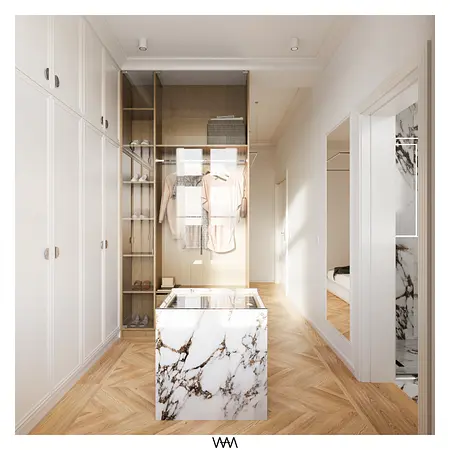 Garderoba w stylu soft minimalizm z marmurowym blatem i drewnianymi elementami.