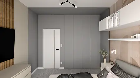 Wnętrze sypialni w stylu industrialnym, minimalistycznym i nowoczesnym z szarymi ścianami.