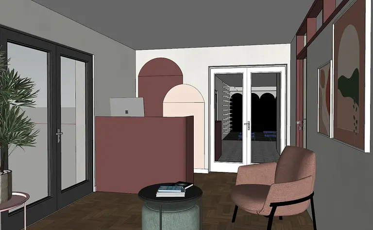 Wnętrze biura z eklektycznym stylem, dopamine decor, nowoczesne meble i rośliny.