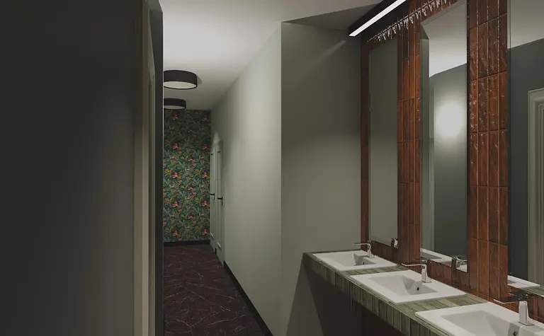 Korytarz z eklektycznym stylem, zieloną tapetą i nowoczesnymi umywalkami.