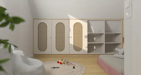 Pokój dziecięcy z jasnymi meblami, dywanem i półkami w stylu boho i nowoczesnym.