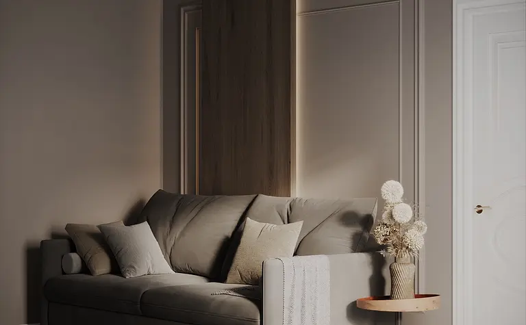 Wnętrze salonu z szarym sofą, drewnianymi akcentami i roślinami, styl quiet luxury.