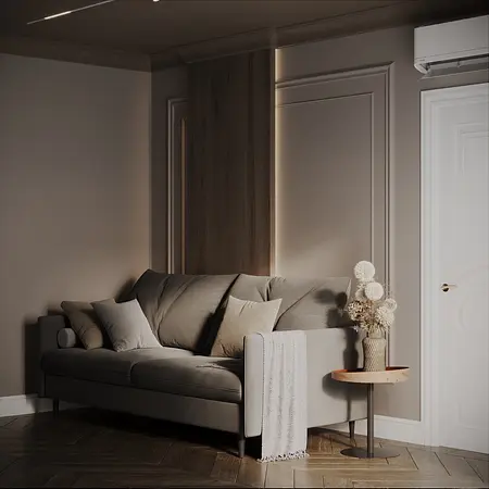 Wnętrze salonu z szarym sofą, drewnianymi akcentami i roślinami, styl quiet luxury.