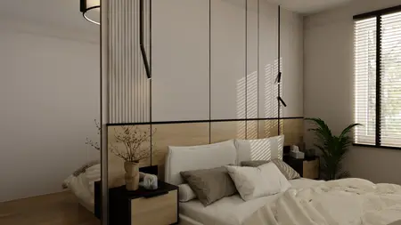 Sypialnia w stylu minimalistycznym z jasnymi ścianami i drewnianym łóżkiem.