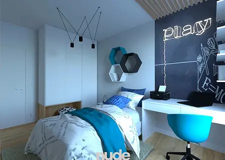 Pokój dziecięcy z niebieskimi dodatkami, biurkiem i szafą, nowoczesny design.
