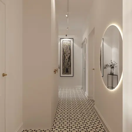 Przedpokój w stylu eklektycznym z nowoczesnym lustrem i quiet luxury detalami.