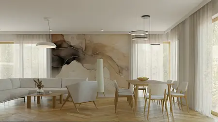 Wnętrze salonu w stylu japandi i minimalistycznym z drewnem i jasnymi akcentami.