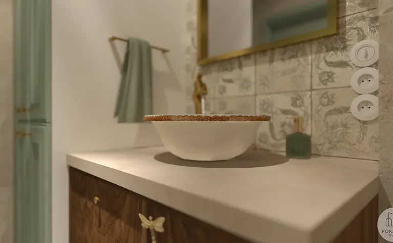 Wnętrze łazienki w stylu rustykalnym, soft minimalizm i vintage z zielonymi akcentami.