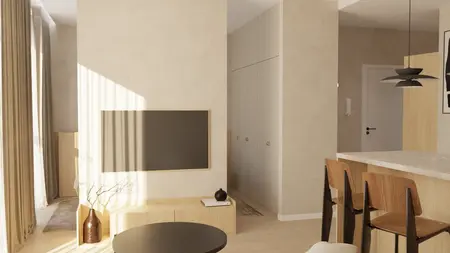 Minimalistyczne wnętrze z telewizorem i drewnianymi akcentami w stylu japandi.