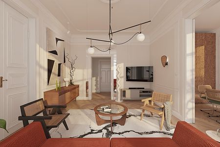 Wnętrze eklektycznego salonu z białymi meblami i drewnianymi akcentami.